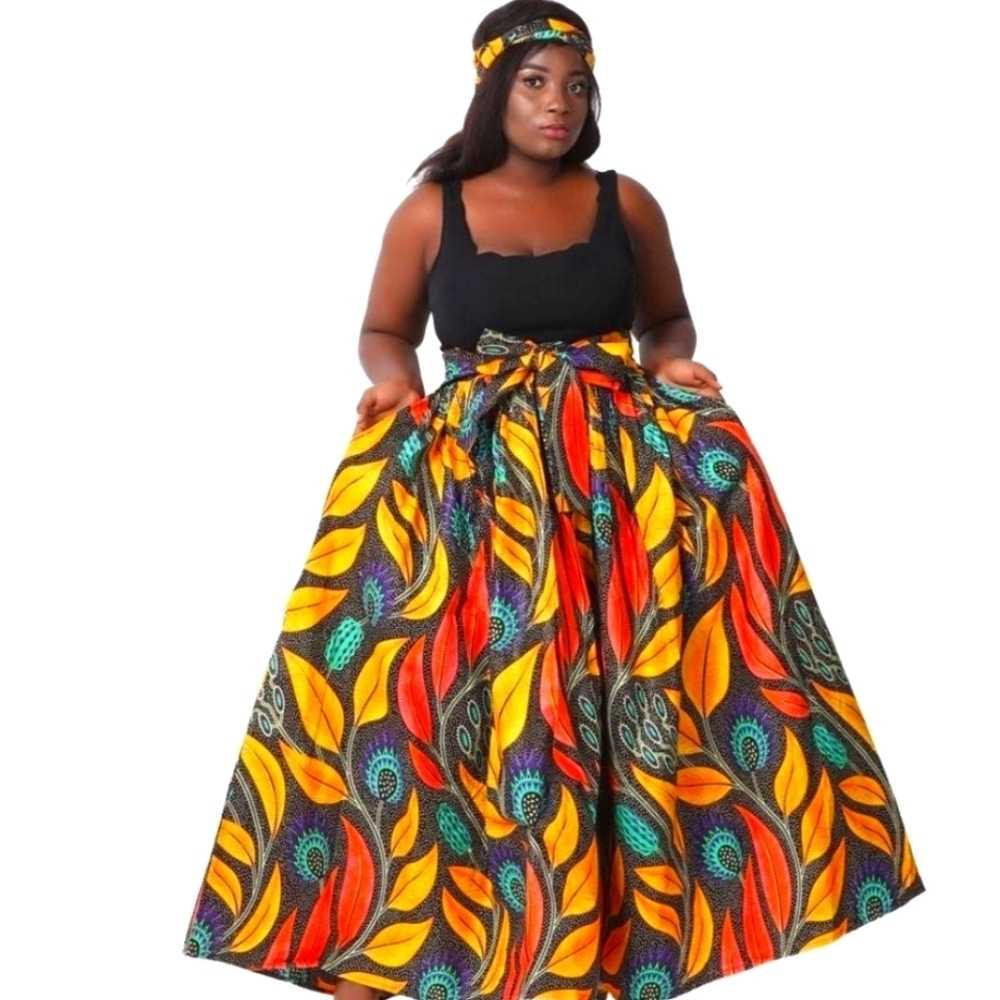 AFRICAN Print Autumn Leaf Maxi Skirt Elastic Waist